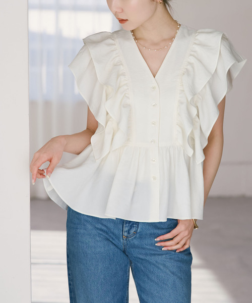 Noble（ノーブル）の「ウォーターエッジフリルブラウス（シャツ/ブラウス・レディース・ブルー/ホワイト/レッド・FREE）」の5枚目の写真