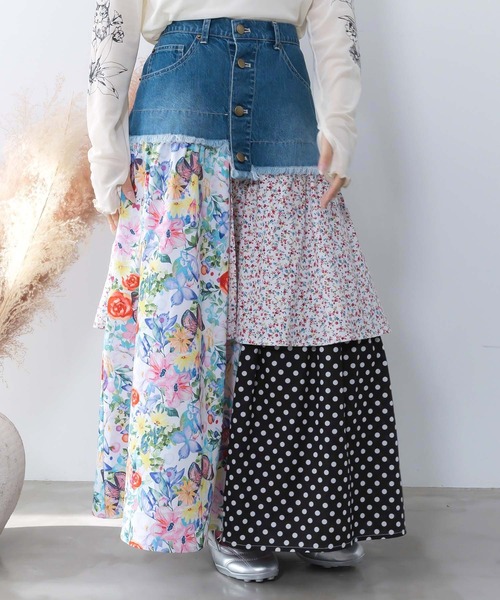 ScoLar(スカラー)の「161632:デニム×パッチワーク風 異素材切替2wayスカート(スカート・レディース・ブルー/ブラック・M)」の1枚目の写真