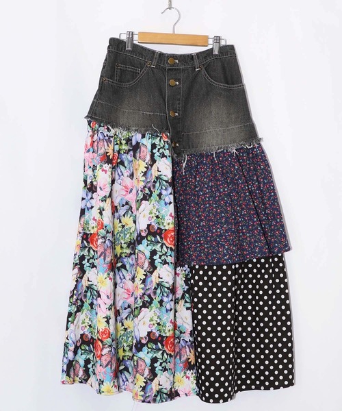 ScoLar(スカラー)の「161632:デニム×パッチワーク風 異素材切替2wayスカート(スカート・レディース・ブルー/ブラック・M)」の2枚目の写真