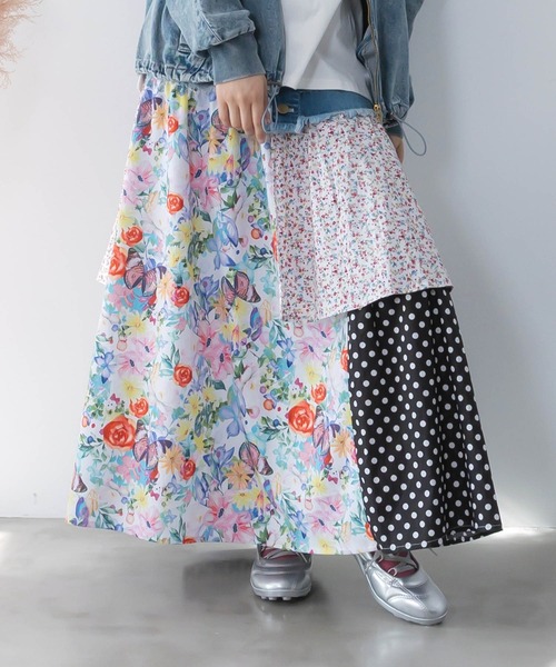 ScoLar(スカラー)の「161632:デニム×パッチワーク風 異素材切替2wayスカート(スカート・レディース・ブルー/ブラック・M)」の4枚目の写真