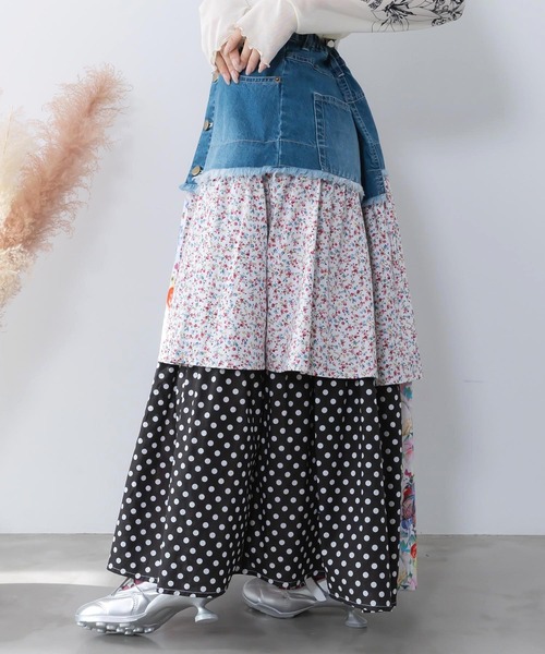 ScoLar(スカラー)の「161632:デニム×パッチワーク風 異素材切替2wayスカート(スカート・レディース・ブルー/ブラック・M)」の5枚目の写真