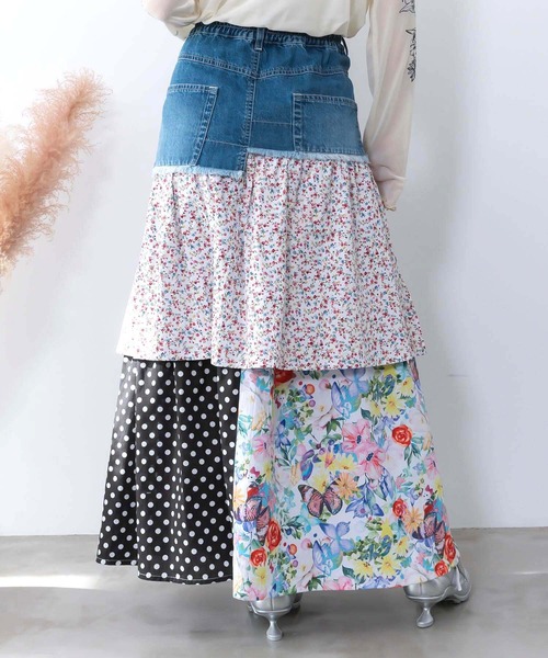 ScoLar(スカラー)の「161632:デニム×パッチワーク風 異素材切替2wayスカート(スカート・レディース・ブルー/ブラック・M)」の6枚目の写真