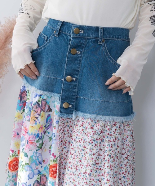 ScoLar(スカラー)の「161632:デニム×パッチワーク風 異素材切替2wayスカート(スカート・レディース・ブルー/ブラック・M)」の8枚目の写真
