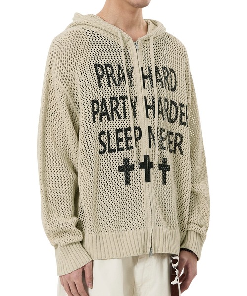 OY（オーワイ）の「『OY/オーワイ』PRAY HARD KNIT HOODIE ZIP UP/プレイハードニットジップアップパーカー（パーカー・メンズ・ブラック/アイボリー・L/M）」の10枚目の写真