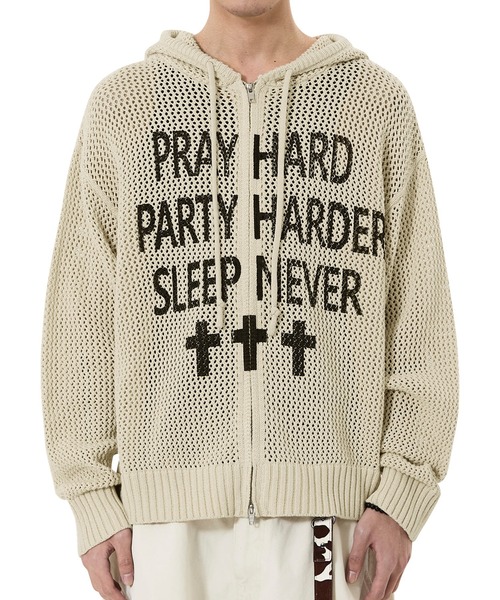 OY（オーワイ）の「『OY/オーワイ』PRAY HARD KNIT HOODIE ZIP UP/プレイハードニットジップアップパーカー（パーカー・メンズ・ブラック/アイボリー・L/M）」の9枚目の写真
