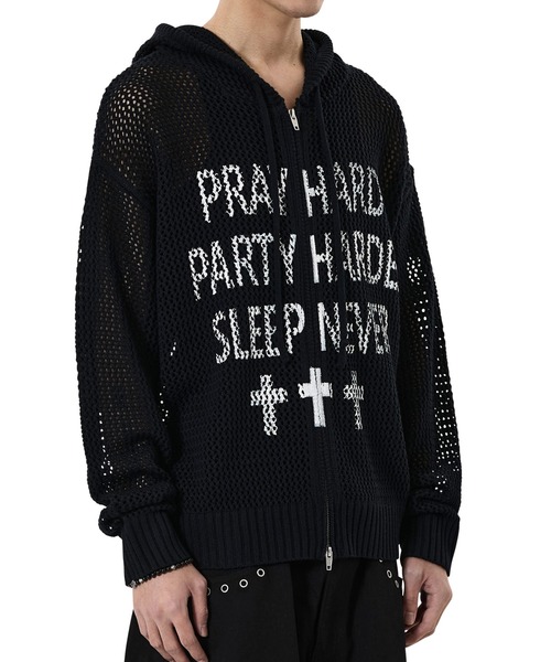 OY（オーワイ）の「『OY/オーワイ』PRAY HARD KNIT HOODIE ZIP UP/プレイハードニットジップアップパーカー（パーカー・メンズ・ブラック/アイボリー・L/M）」の4枚目の写真