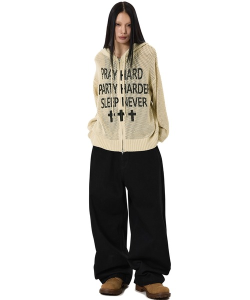 OY（オーワイ）の「『OY/オーワイ』PRAY HARD KNIT HOODIE ZIP UP/プレイハードニットジップアップパーカー（パーカー・メンズ・ブラック/アイボリー・L/M）」の12枚目の写真