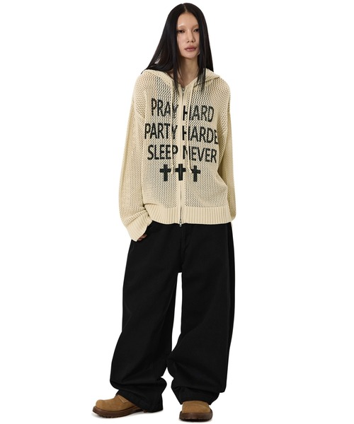 OY（オーワイ）の「『OY/オーワイ』PRAY HARD KNIT HOODIE ZIP UP/プレイハードニットジップアップパーカー（パーカー・メンズ・ブラック/アイボリー・L/M）」の13枚目の写真