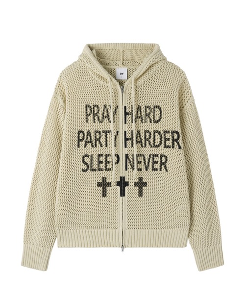 OY（オーワイ）の「『OY/オーワイ』PRAY HARD KNIT HOODIE ZIP UP/プレイハードニットジップアップパーカー（パーカー・メンズ・ブラック/アイボリー・L/M）」の19枚目の写真
