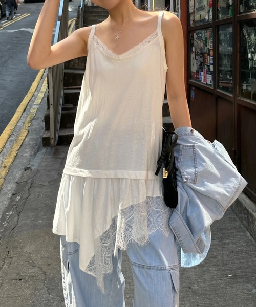 yuue' ( wear )(ユーイ)の「レースレイヤードチュニックキャミソール/ミニワンピース(キャミソール・レディース・ブラック/ホワイト・FREE)」の7枚目の写真