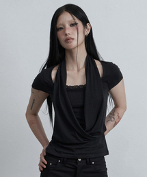 レースカウルネックTシャツブラック