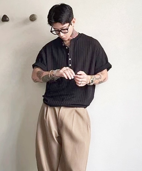 NOWLE(ノウル)の「【NOWLE】リブテクスチャー ヘンリーネック 半袖Tシャツ / ヴィンテージライク クラフトジャガード トップス(Tシャツ/カットソー・メンズ・ホワイト/ブラック・X-LARGE/LARGE/MEDIUM)」の15枚目の写真