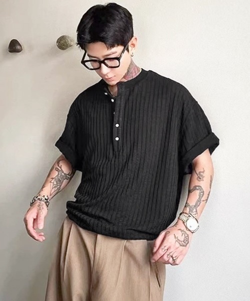NOWLE(ノウル)の「【NOWLE】リブテクスチャー ヘンリーネック 半袖Tシャツ / ヴィンテージライク クラフトジャガード トップス(Tシャツ/カットソー・メンズ・ホワイト/ブラック・X-LARGE/LARGE/MEDIUM)」の16枚目の写真