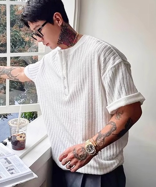NOWLE(ノウル)の「【NOWLE】リブテクスチャー ヘンリーネック 半袖Tシャツ / ヴィンテージライク クラフトジャガード トップス(Tシャツ/カットソー・メンズ・ホワイト/ブラック・X-LARGE/LARGE/MEDIUM)」の7枚目の写真