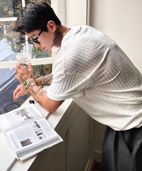 NOWLE(ノウル)の「【NOWLE】リブテクスチャー ヘンリーネック 半袖Tシャツ / ヴィンテージライク クラフトジャガード トップス(Tシャツ/カットソー・メンズ・ホワイト/ブラック・X-LARGE/LARGE/MEDIUM)」の8枚目の写真