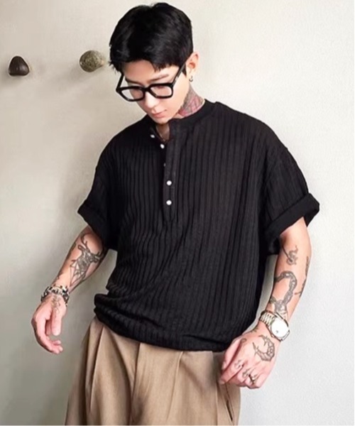 NOWLE(ノウル)の「【NOWLE】リブテクスチャー ヘンリーネック 半袖Tシャツ / ヴィンテージライク クラフトジャガード トップス(Tシャツ/カットソー・メンズ・ホワイト/ブラック・X-LARGE/LARGE/MEDIUM)」の18枚目の写真