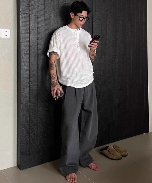 NOWLE(ノウル)の「【NOWLE】リブテクスチャー ヘンリーネック 半袖Tシャツ / ヴィンテージライク クラフトジャガード トップス(Tシャツ/カットソー・メンズ・ホワイト/ブラック・X-LARGE/LARGE/MEDIUM)」の14枚目の写真