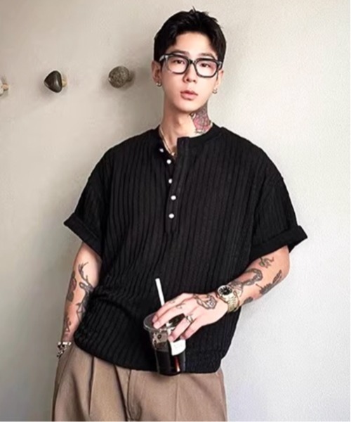 NOWLE(ノウル)の「【NOWLE】リブテクスチャー ヘンリーネック 半袖Tシャツ / ヴィンテージライク クラフトジャガード トップス(Tシャツ/カットソー・メンズ・ホワイト/ブラック・X-LARGE/LARGE/MEDIUM)」の19枚目の写真
