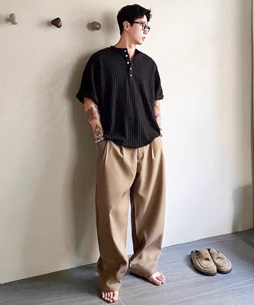 NOWLE(ノウル)の「【NOWLE】リブテクスチャー ヘンリーネック 半袖Tシャツ / ヴィンテージライク クラフトジャガード トップス(Tシャツ/カットソー・メンズ・ホワイト/ブラック・X-LARGE/LARGE/MEDIUM)」の21枚目の写真