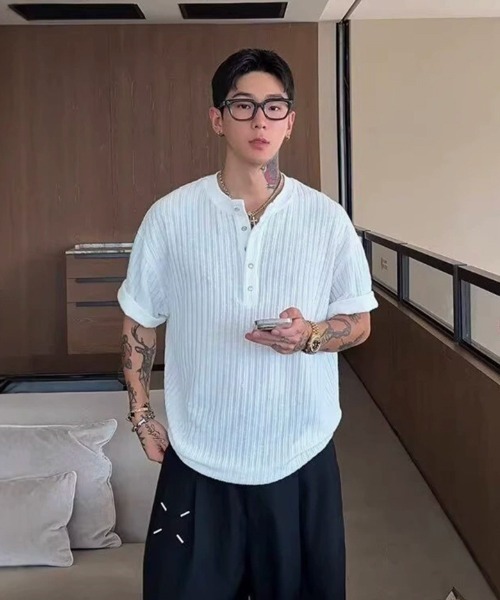 NOWLE(ノウル)の「【NOWLE】リブテクスチャー ヘンリーネック 半袖Tシャツ / ヴィンテージライク クラフトジャガード トップス(Tシャツ/カットソー・メンズ・ホワイト/ブラック・X-LARGE/LARGE/MEDIUM)」の13枚目の写真
