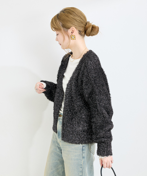 B.C STOCK（ベーセーストック）の「手洗い可 / ラメフェザーニット（カーディガン/ボレロ・レディース・ベージュ/ブラック・FREE）」の8枚目の写真