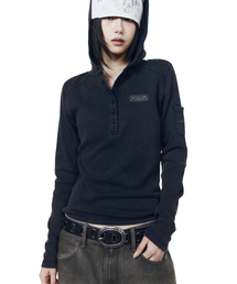 Bleach Washed Hooded Long Sleeve (Navy)