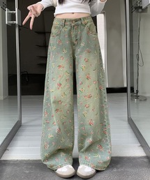 花柄プリントルーズデニムパンツ