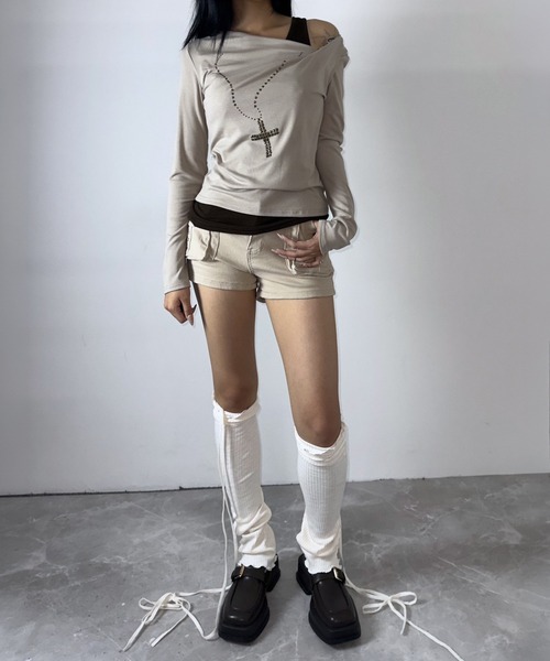 FOLLOWIN(フォロウィン)の「クロススタッズドレープトップス×ワンショルダータンクトップ 2点セット(Tシャツ/カットソー・レディース・チャコールグレー/ベージュ・FREE)」の19枚目の写真