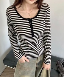 【秋冬新作】ボーダー柄ヘンリーネック長袖Tシャツ
