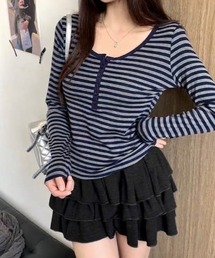 【秋冬新作】ボーダー柄ヘンリーネック長袖Tシャツ