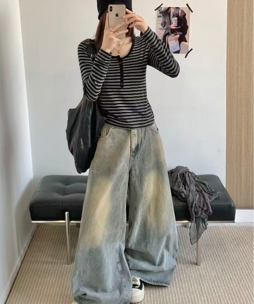 LADY LIKE(レディライク)の「【秋冬新作】ボーダー柄ヘンリーネック長袖Tシャツ(Tシャツ/カットソー・レディース・ネイビー/グレー・M)」の5枚目の写真