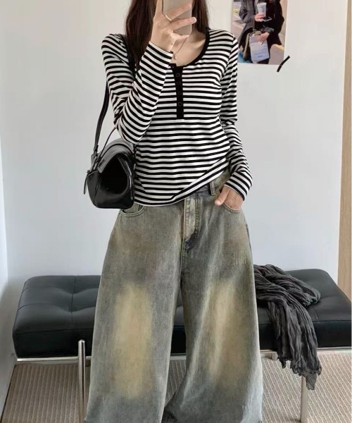 LADY LIKE(レディライク)の「【秋冬新作】ボーダー柄ヘンリーネック長袖Tシャツ(Tシャツ/カットソー・レディース・ネイビー/グレー・M)」の6枚目の写真