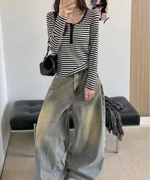 LADY LIKE(レディライク)の「【秋冬新作】ボーダー柄ヘンリーネック長袖Tシャツ(Tシャツ/カットソー・レディース・ネイビー/グレー・M)」の7枚目の写真