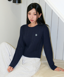 刺繍ケーブル編み クルーネックニット [ネイビー]