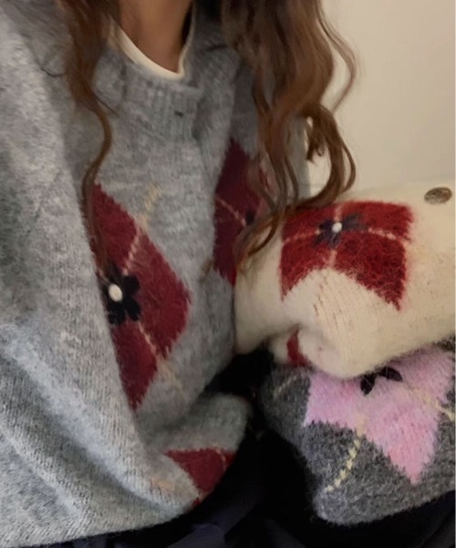 kirakiraShop(キラキラショップ)の「フラワー アーガイル ニット カーディガン(カーディガン/ボレロ・レディース・杢グレー/ベージュ/チャコール・FREE)」の4枚目の写真