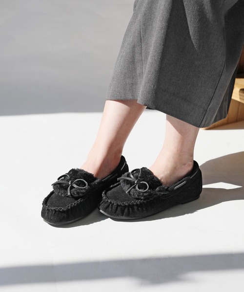 【新品】 Lauren ローレン モカシン ブラック MOZ sweden モズ スウェーデン もこもこリボンモカシン レディース
