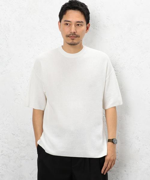 green label relaxing(グリーンレーベルリラクシング)の「ST ハイツイスト 畦編み クルーネック 5分袖 ニット ◆(ニット/セーター・メンズ・ホワイト/ワインレッド/ターコイズブルー・MEDIUM/LARGE/SMALL)」の1枚目の写真