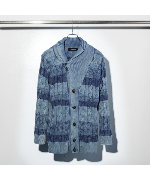 1PIU1UGUALE3  RELAX （ウノピゥウノウグァーレトレ リラックス）の「1PIU1UGUALE3 RELAX(ウノピゥウノウグァーレトレ)先染めケーブルショールカーディガン（カーディガン/ボレロ・メンズ・インディゴブルー・X-LARGE/SMALL/MEDIUM/LARGE）」の9枚目の写真