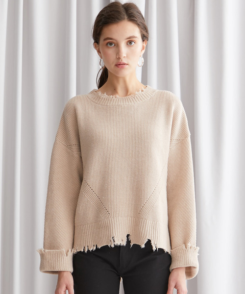 STUDIOUS（ステュディオス）の「【STUDIOUS】クラッシュダメージ ビッグシルエットニット（ニット/セーター・レディース・オフホワイト/パープル/ブラック/ベージュ・FREE）」の9枚目の写真