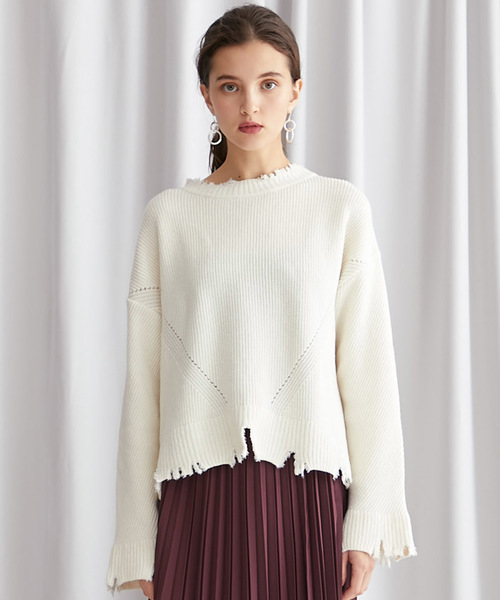 STUDIOUS（ステュディオス）の「【STUDIOUS】クラッシュダメージ ビッグシルエットニット（ニット/セーター・レディース・オフホワイト/パープル/ブラック/ベージュ・FREE）」の22枚目の写真