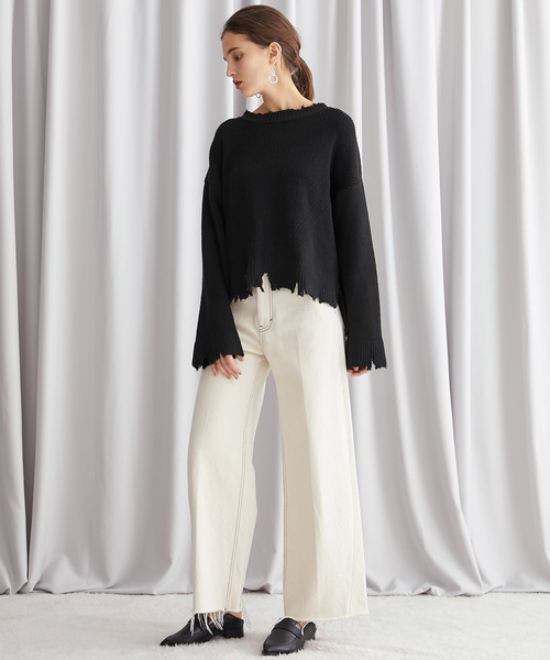 STUDIOUS（ステュディオス）の「【STUDIOUS】クラッシュダメージ ビッグシルエットニット（ニット/セーター・レディース・オフホワイト/パープル/ブラック/ベージュ・FREE）」の17枚目の写真