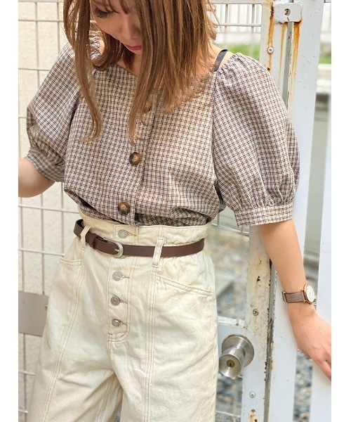 one way（ワンウェイ）の「フロントボタンチェックボリュームスリーブ（シャツ/ブラウス・レディース・ブラック/ベージュ・FREE）」の2枚目の写真