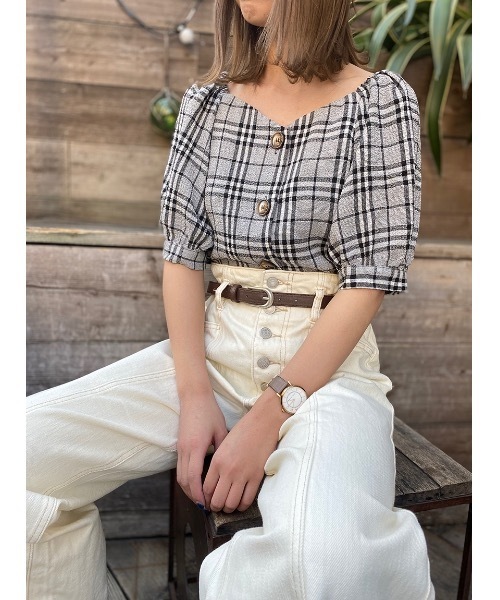 one way（ワンウェイ）の「フロントボタンチェックボリュームスリーブ（シャツ/ブラウス・レディース・ブラック/ベージュ・FREE）」の8枚目の写真