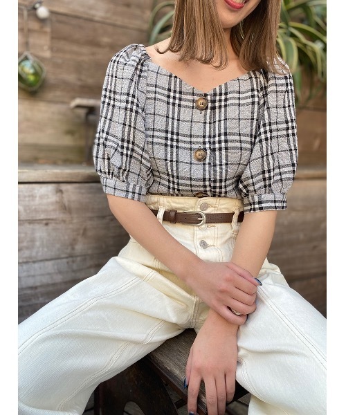 one way（ワンウェイ）の「フロントボタンチェックボリュームスリーブ（シャツ/ブラウス・レディース・ブラック/ベージュ・FREE）」の7枚目の写真