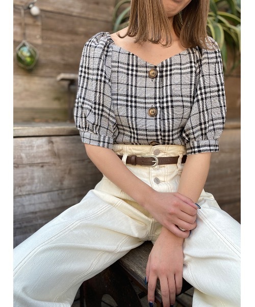 one way（ワンウェイ）の「フロントボタンチェックボリュームスリーブ（シャツ/ブラウス・レディース・ブラック/ベージュ・FREE）」の9枚目の写真