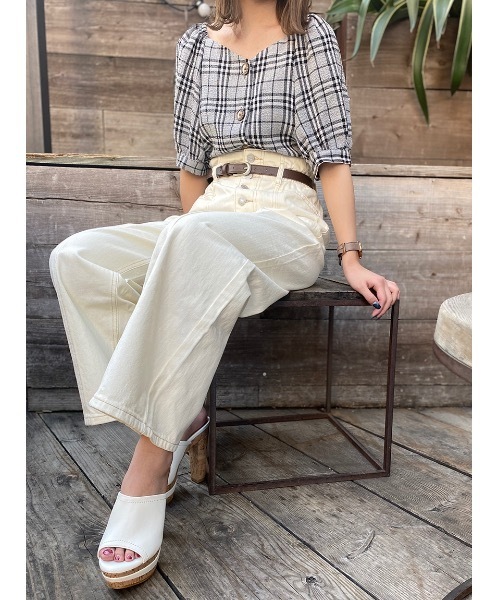 one way（ワンウェイ）の「フロントボタンチェックボリュームスリーブ（シャツ/ブラウス・レディース・ブラック/ベージュ・FREE）」の3枚目の写真