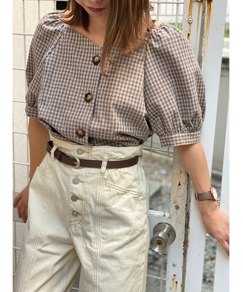 one way（ワンウェイ）の「フロントボタンチェックボリュームスリーブ（シャツ/ブラウス・レディース・ブラック/ベージュ・FREE）」の5枚目の写真