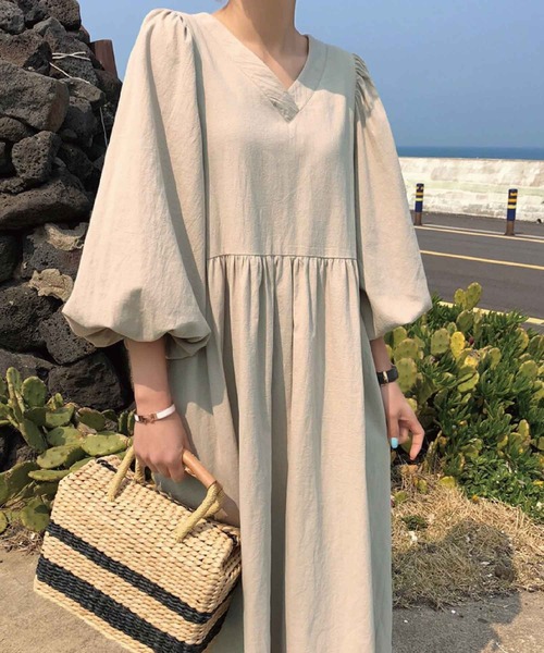 セール 麻ライクボリュームスリーブvネックワンピース Zozotown限定 ワンピース Mejane ミージェーン のファッション通販 Zozotown