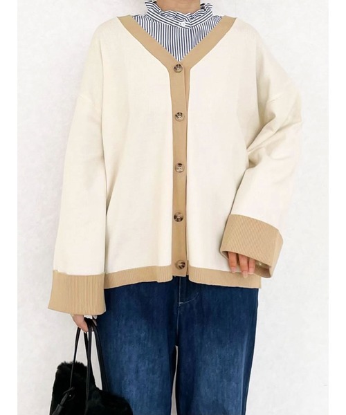 Lugnoncure(ルノンキュール)の「配色ネックカーディガン(カーディガン/ボレロ・レディース・キナリ/ネイビー/ブラウン・フリ-)」の1枚目の写真