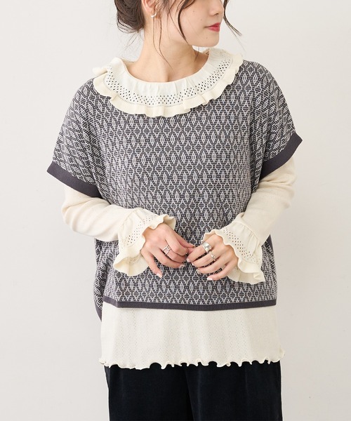 PUAL CE CIN（ピュアルセシン）の「ジャガードリブ×編み立てリブプルオーバー（Tシャツ/カットソー・レディース・ブラック/グレー/ナチュラル・FREE）」の6枚目の写真